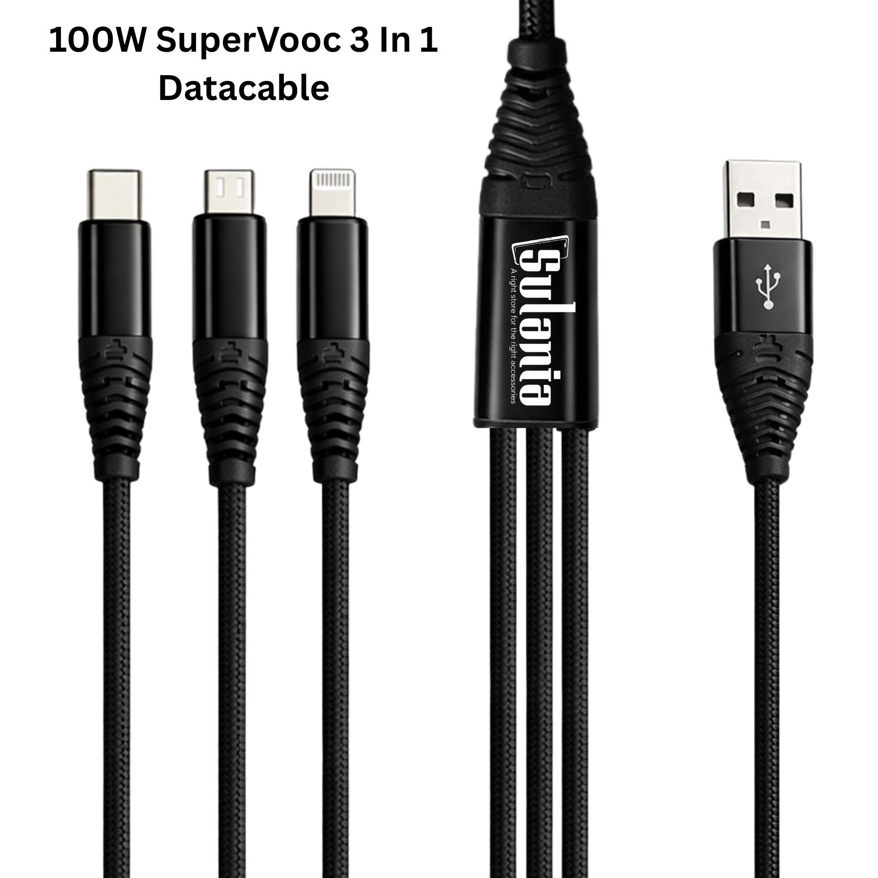 Sulania Orignal 100W 1 Meter SuperVooc 3 In 1 USB Type A to Micro USB, Type C & Lightning Datacable