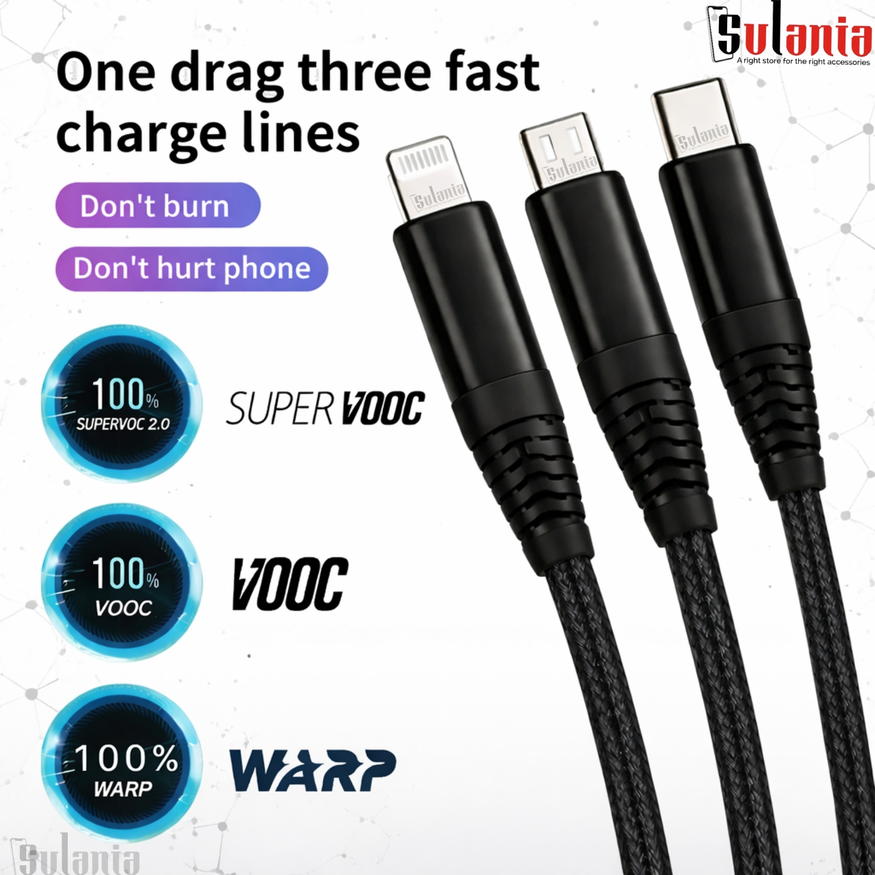 Sulania Orignal 100W 1 Meter SuperVooc 3 In 1 USB Type A to Micro USB, Type C & Lightning Datacable - Image 4