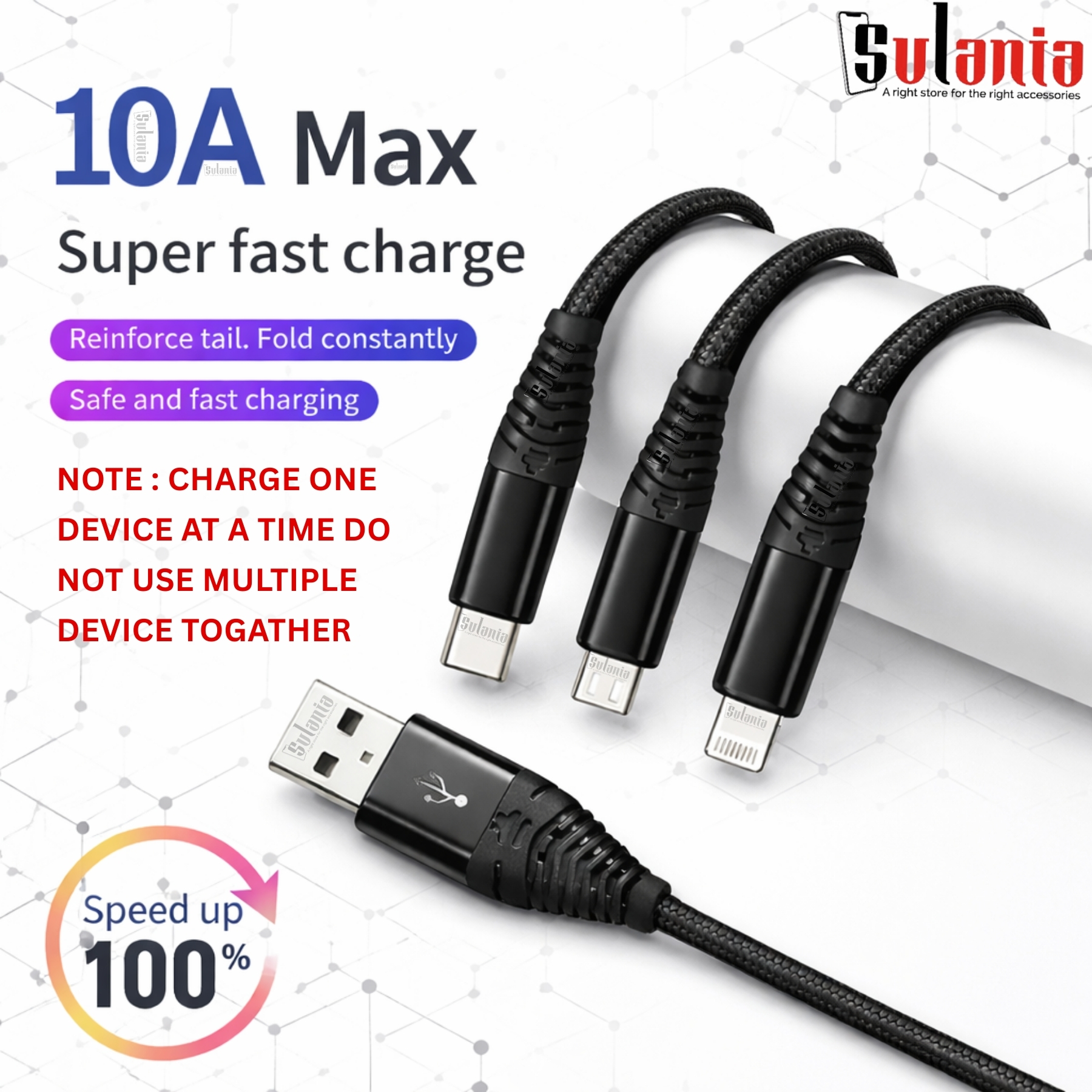 Sulania Orignal 100W 1 Meter SuperVooc 3 In 1 USB Type A to Micro USB, Type C & Lightning Datacable - Image 3