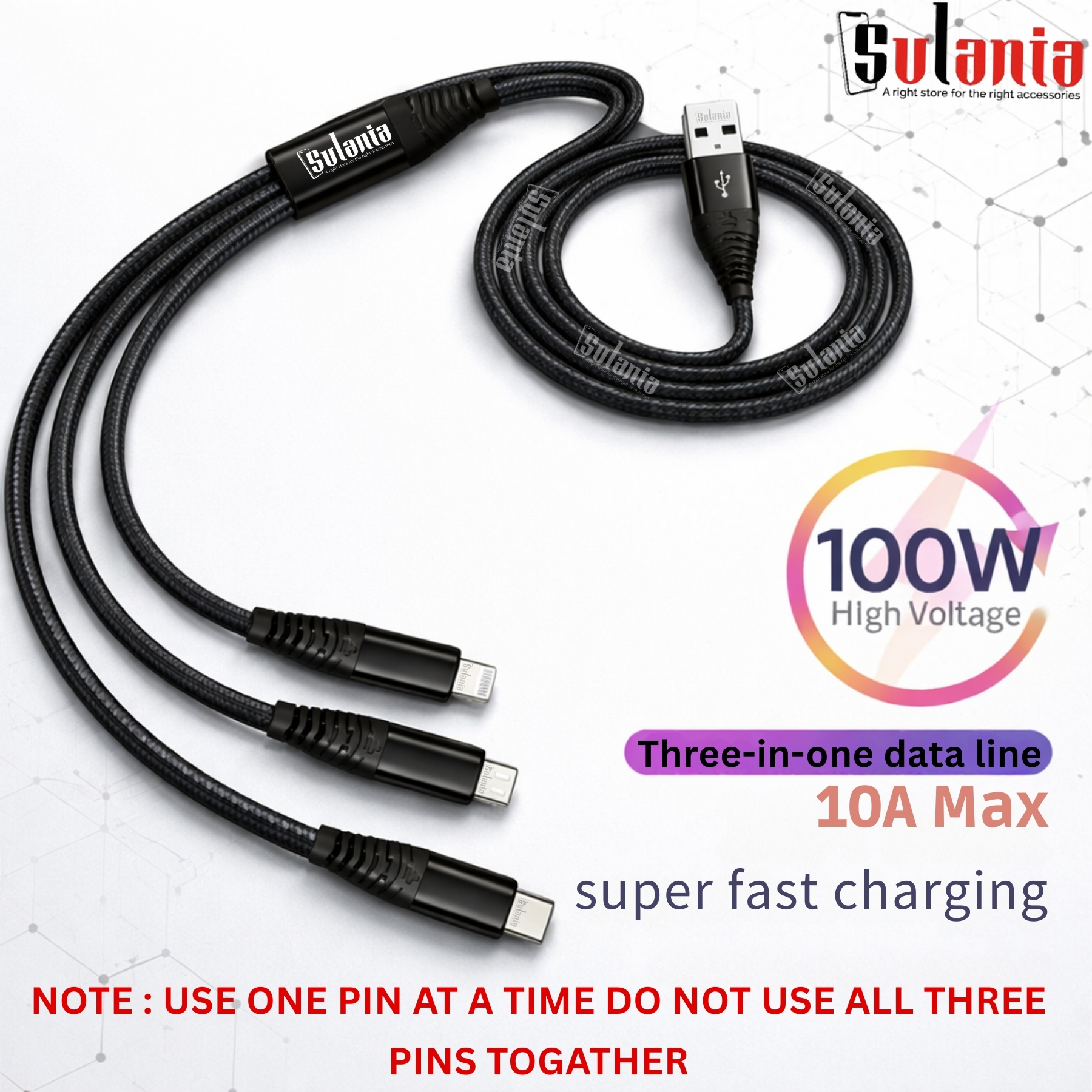 Sulania Orignal 100W 1 Meter SuperVooc 3 In 1 USB Type A to Micro USB, Type C & Lightning Datacable - Image 2