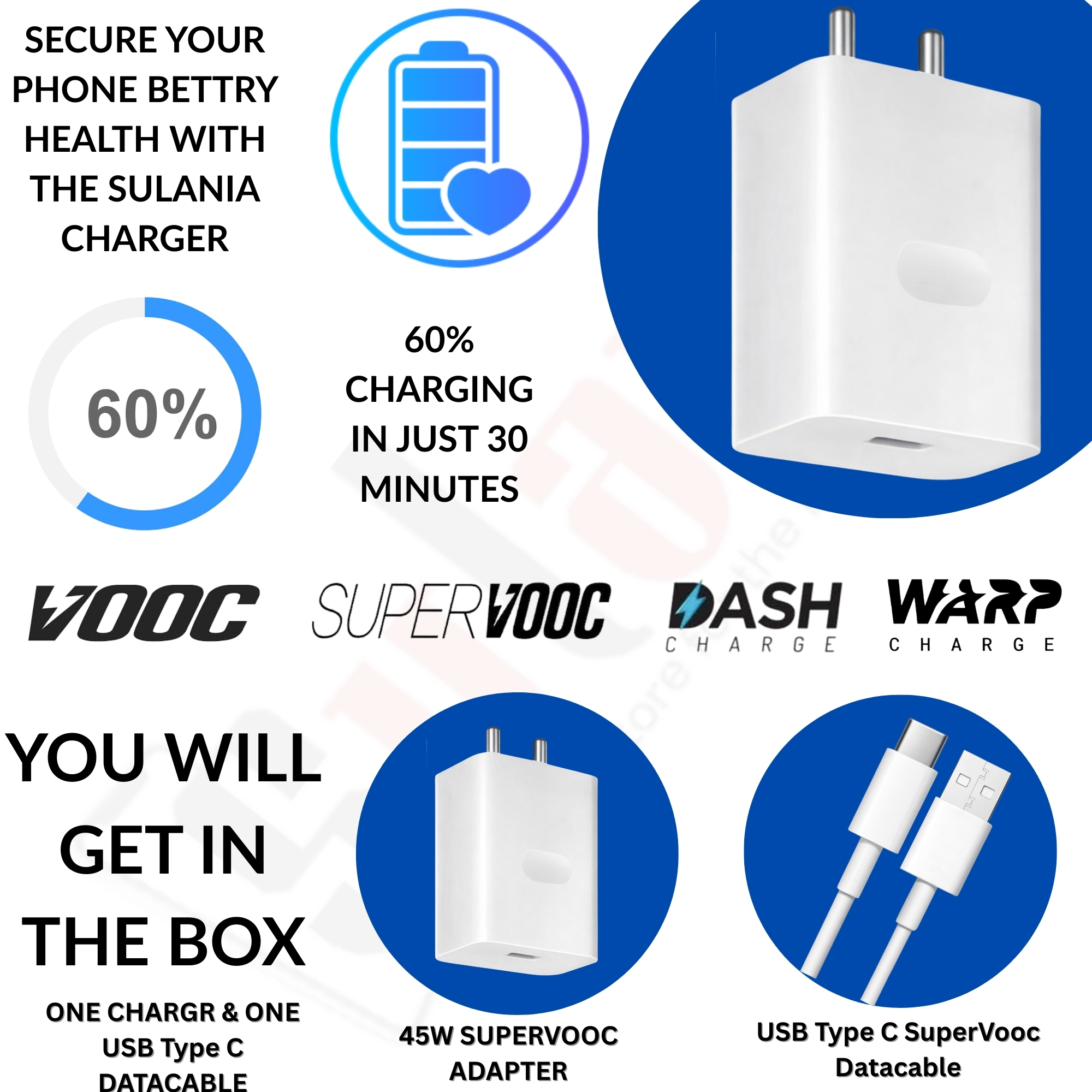Sulania Orignal BIS Certtified 45W SuperVooc Charger With USB Type A to Type C Datacable - Image 2