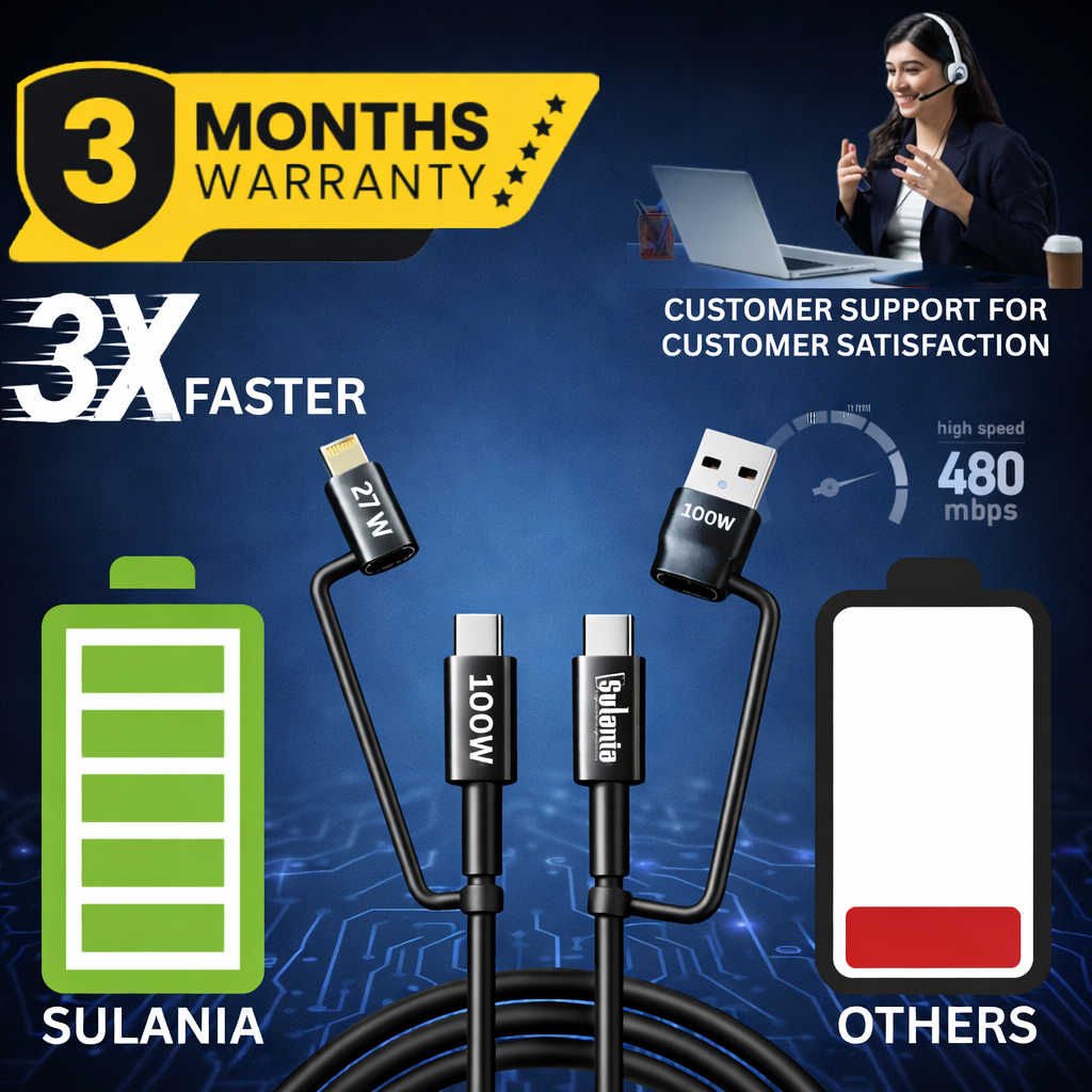 Sulania Orignal 100W 1 Meter 4 In 1 USB Type A, Type C- 2 Pin & Lightning Datacable - Image 5