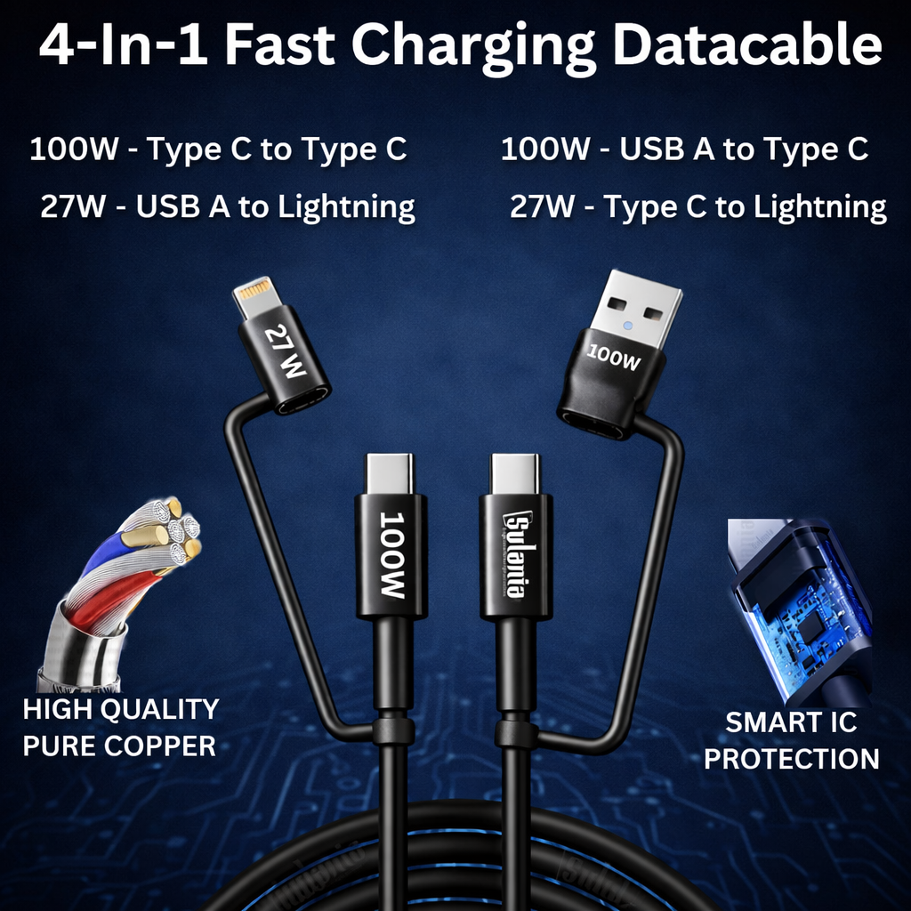 Sulania Orignal 100W 1 Meter 4 In 1 USB Type A, Type C- 2 Pin & Lightning Datacable - Image 3