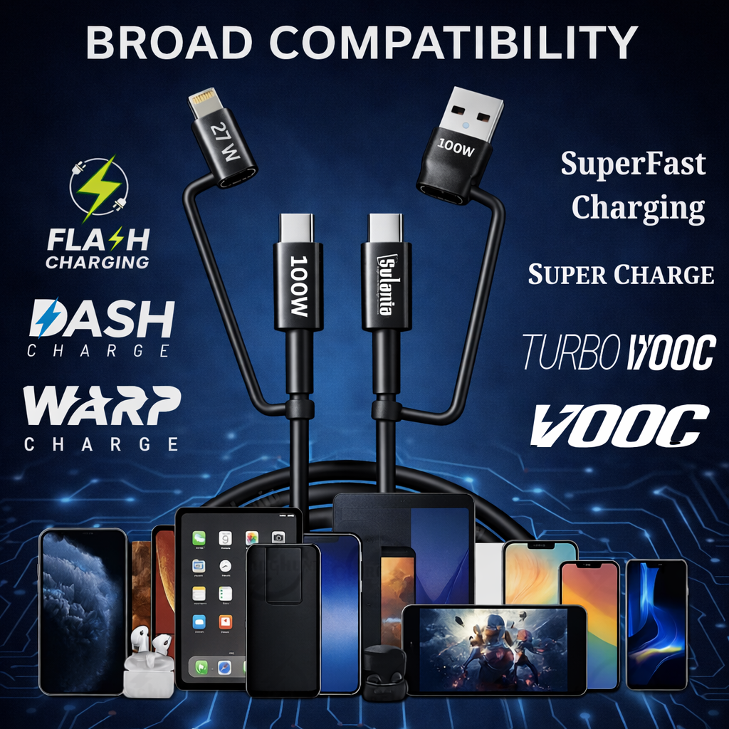 Sulania Orignal 100W 1 Meter 4 In 1 USB Type A, Type C- 2 Pin & Lightning Datacable - Image 2